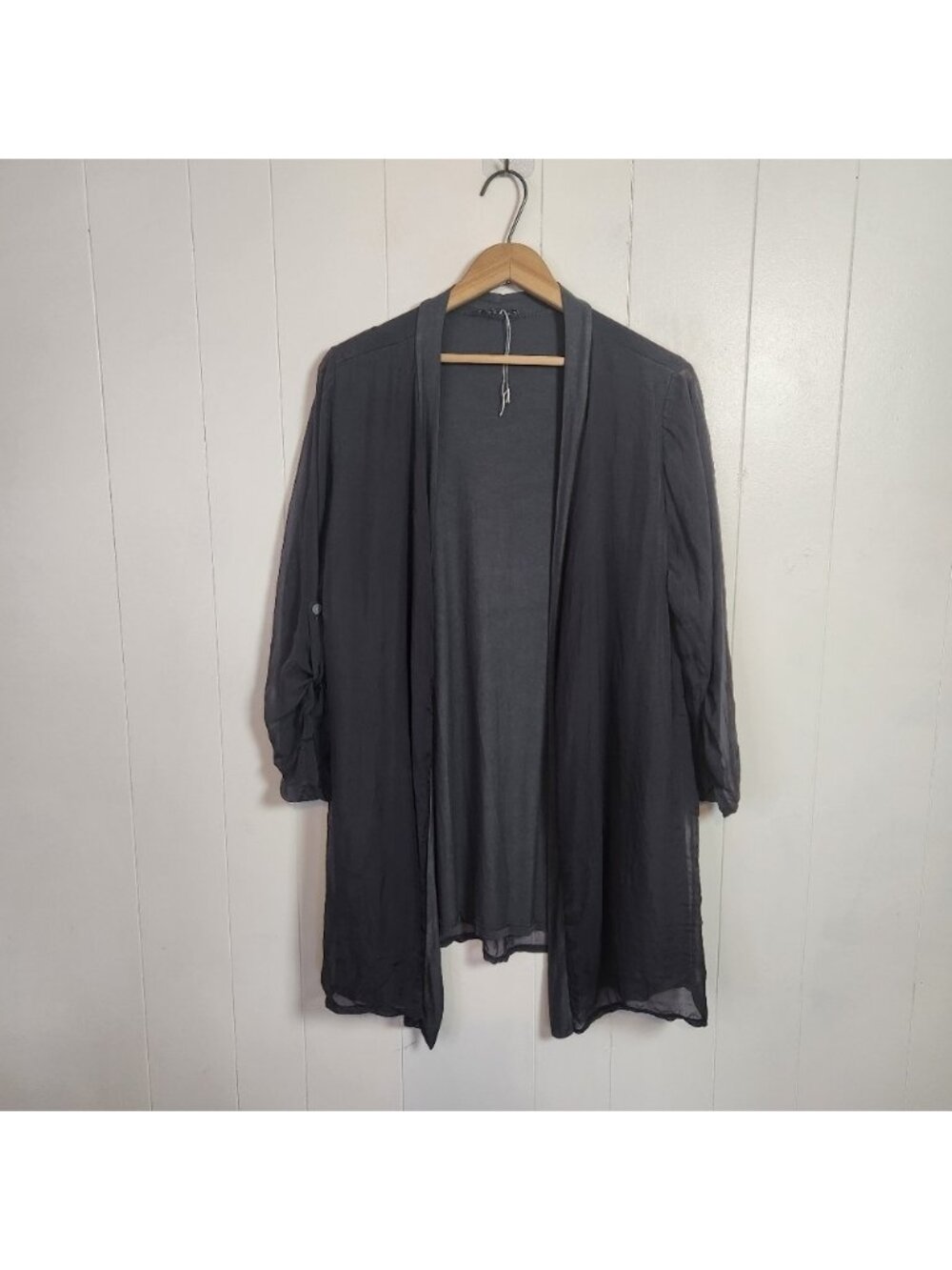 Italian Silk Open Cardigan 3/4 Sleeves Gray Black Flowy Womens Size Large Office